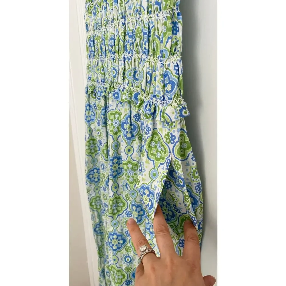 J. McLaughlin Ciri Smocked Sleeveless Midi Dress Linen Cotton Green Blue Print S - Picture 6 of 10